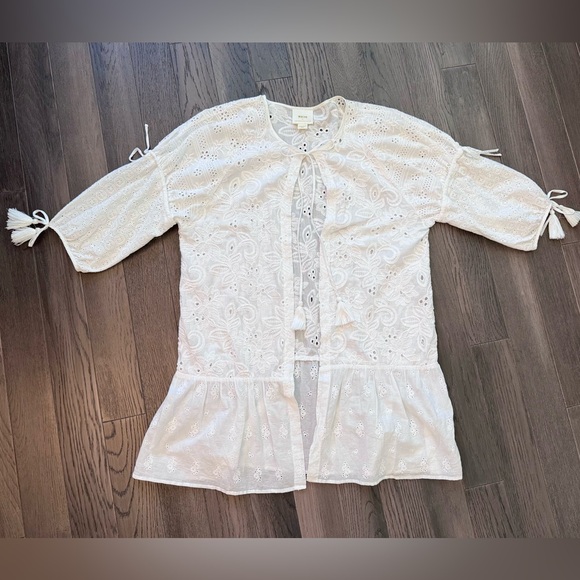 Anthropologie Maeve Cotton Lace Open Cardigan Tie Front Tassel - Picture 3 of 12